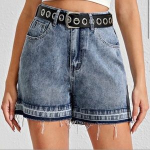 Raw hem acid wash denim shorts